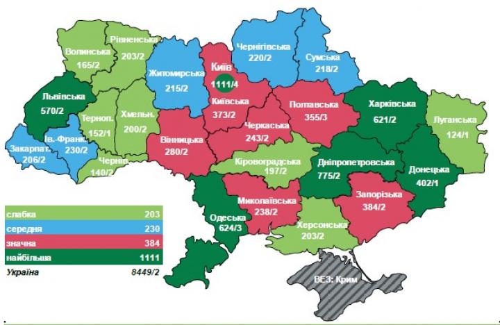 Украина. НБУ выдал карту с количеством банковских отделений по регионам(инфографика)